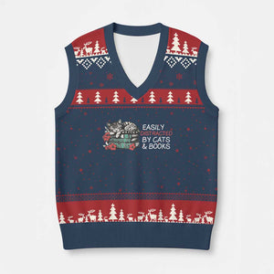 Easily Distracted By Cats And Books V-Neck Knit Sweater Vest Funny Book Lover Gift TS12 Navy Red Print Your Wear