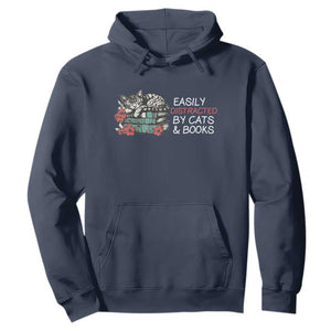 Easily Distracted By Cats And Books Hoodie Funny Book Lover Gift TS12 Navy Print Your Wear