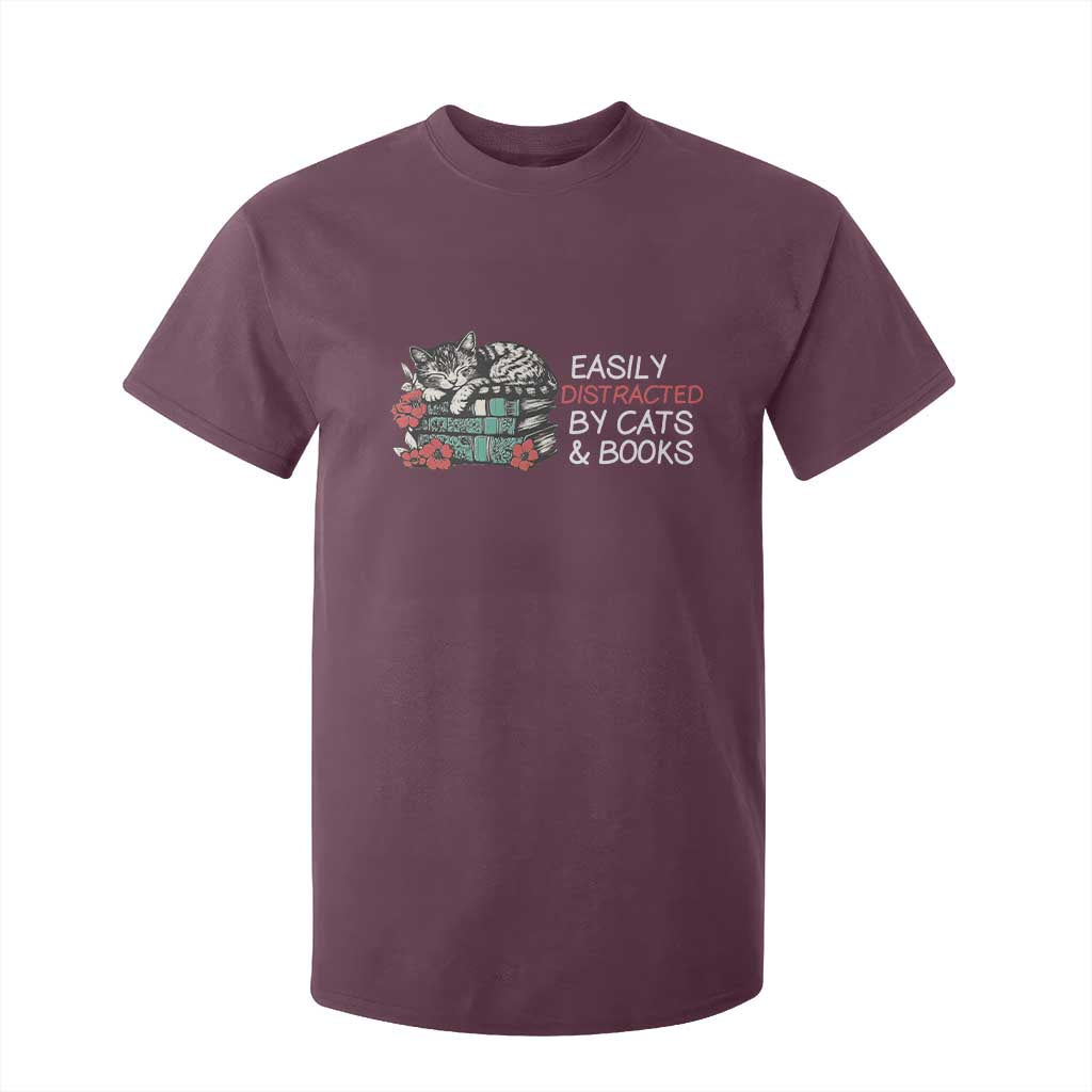 Easily Distracted By Cats And Books T Shirt For Kid Funny Book Lover Gift TS12 Maroon Print Your Wear