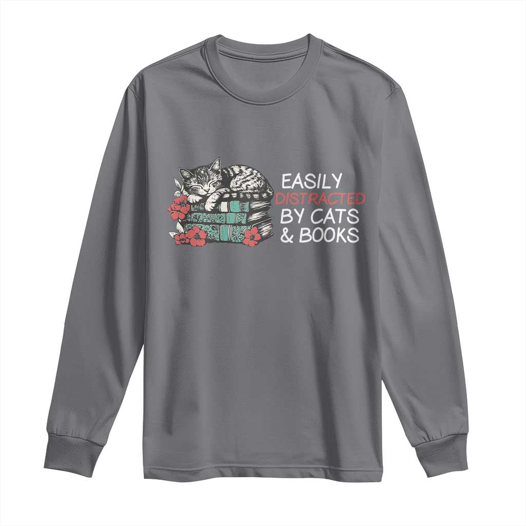 Easily Distracted By Cats And Books Long Sleeve Shirt Funny Book Lover Gift TS12 Charcoal Print Your Wear