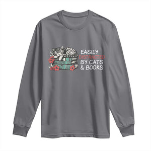Easily Distracted By Cats And Books Long Sleeve Shirt Funny Book Lover Gift TS12 Charcoal Print Your Wear