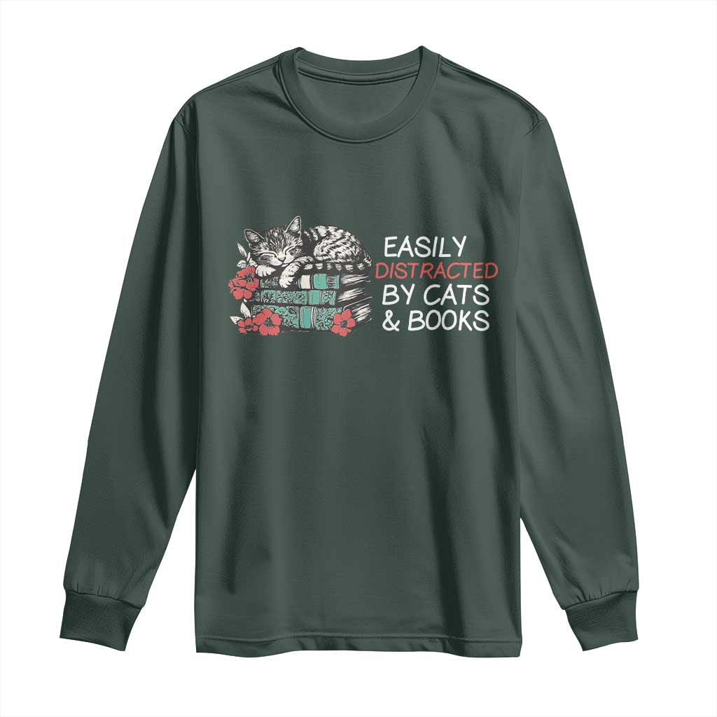 Easily Distracted By Cats And Books Long Sleeve Shirt Funny Book Lover Gift TS12 Dark Forest Green Print Your Wear