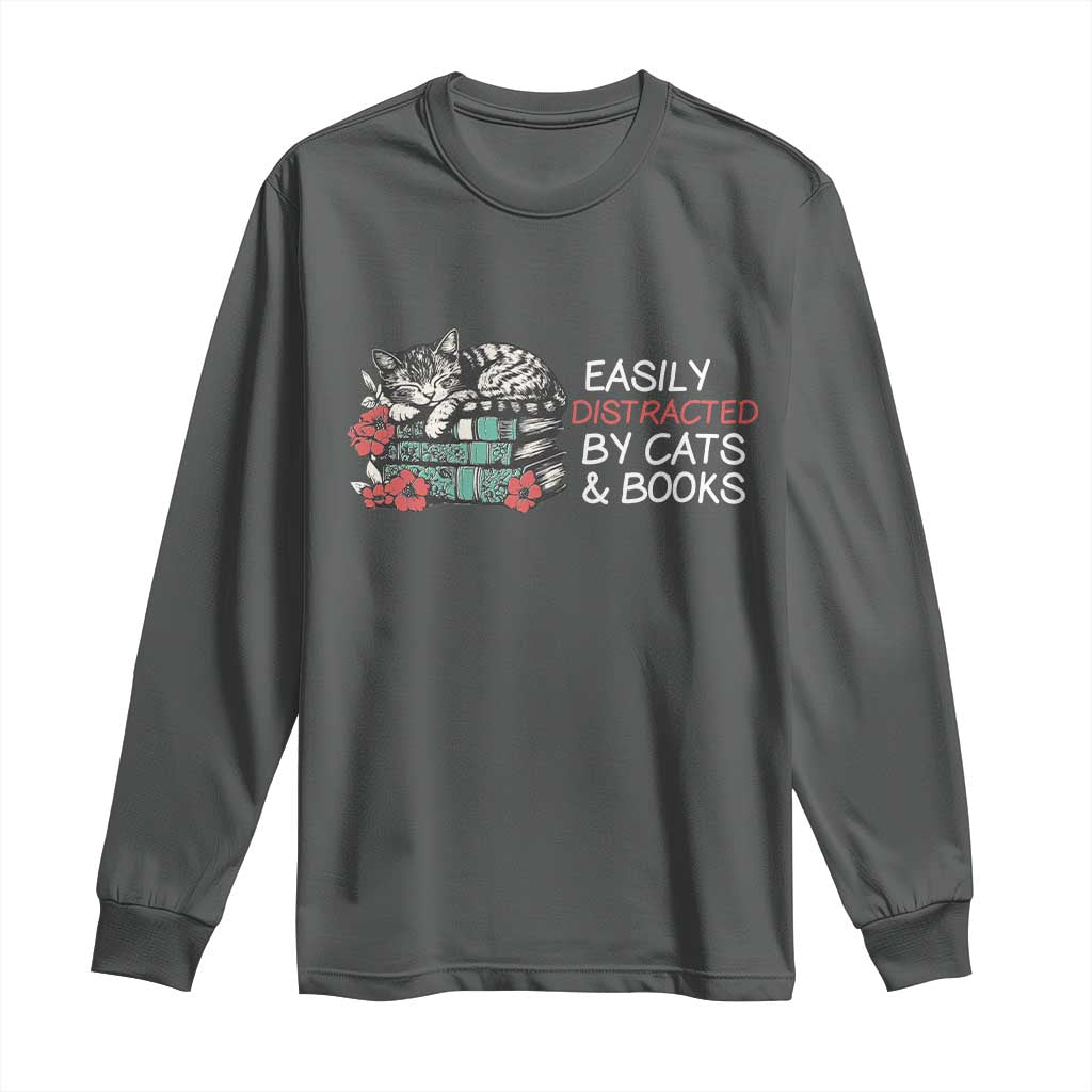 Easily Distracted By Cats And Books Long Sleeve Shirt Funny Book Lover Gift TS12 Dark Heather Print Your Wear