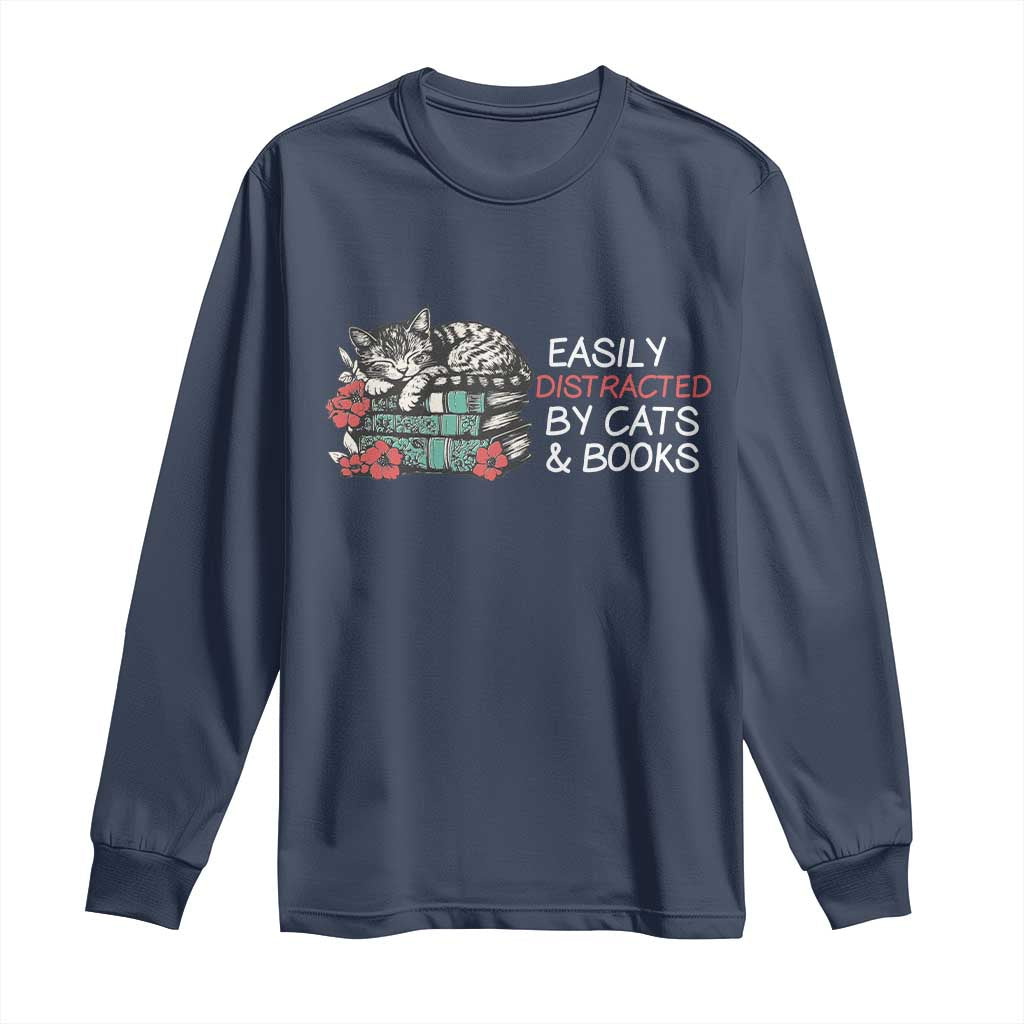 Easily Distracted By Cats And Books Long Sleeve Shirt Funny Book Lover Gift TS12 Navy Print Your Wear