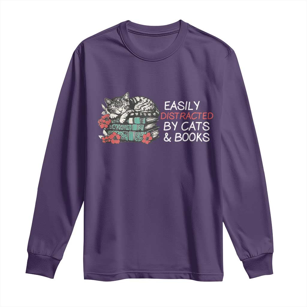 Easily Distracted By Cats And Books Long Sleeve Shirt Funny Book Lover Gift TS12 Purple Print Your Wear