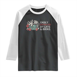 Easily Distracted By Cats And Books Raglan Shirt Funny Book Lover Gift TS12 Black White Print Your Wear