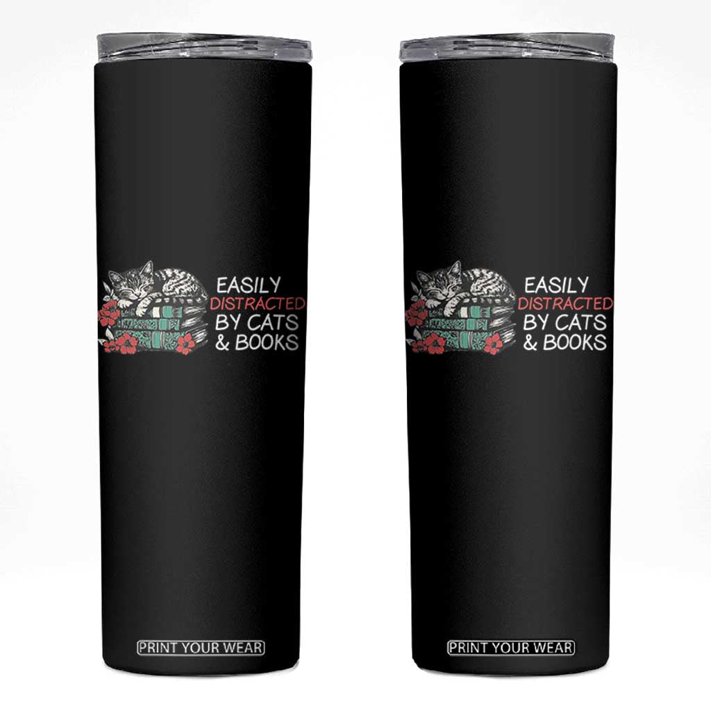 Easily Distracted By Cats And Books Skinny Tumbler Funny Book Lover Gift TS12 Black Print Your Wear