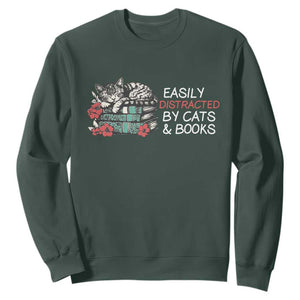 Easily Distracted By Cats And Books Sweatshirt Funny Book Lover Gift TS12 Dark Forest Green Print Your Wear