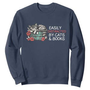 Easily Distracted By Cats And Books Sweatshirt Funny Book Lover Gift TS12 Navy Print Your Wear