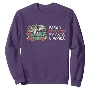 Easily Distracted By Cats And Books Sweatshirt Funny Book Lover Gift TS12 Purple Print Your Wear