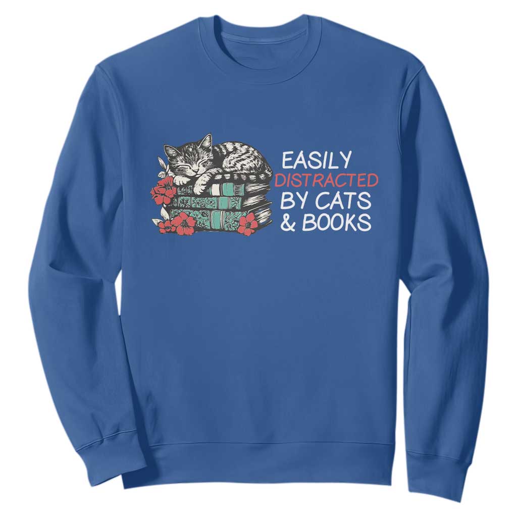 Easily Distracted By Cats And Books Sweatshirt Funny Book Lover Gift TS12 Royal Blue Print Your Wear