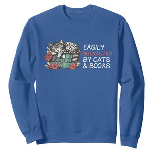 Easily Distracted By Cats And Books Sweatshirt Funny Book Lover Gift TS12 Royal Blue Print Your Wear
