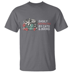 Easily Distracted By Cats And Books T Shirt Funny Book Lover Gift TS12 Charcoal Print Your Wear
