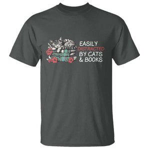Easily Distracted By Cats And Books T Shirt Funny Book Lover Gift TS12 Dark Heather Print Your Wear