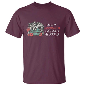 Easily Distracted By Cats And Books T Shirt Funny Book Lover Gift TS12 Maroon Print Your Wear