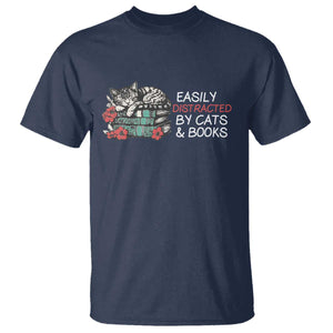 Easily Distracted By Cats And Books T Shirt Funny Book Lover Gift TS12 Navy Print Your Wear