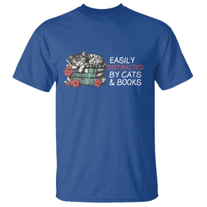 Easily Distracted By Cats And Books T Shirt Funny Book Lover Gift TS12 Royal Blue Print Your Wear