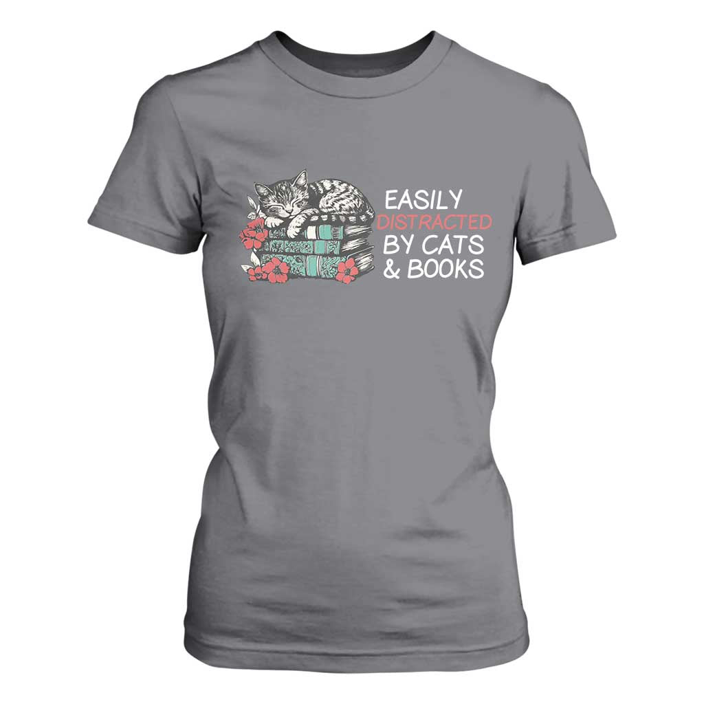Easily Distracted By Cats And Books T Shirt For Women Funny Book Lover Gift TS12 Charcoal Print Your Wear