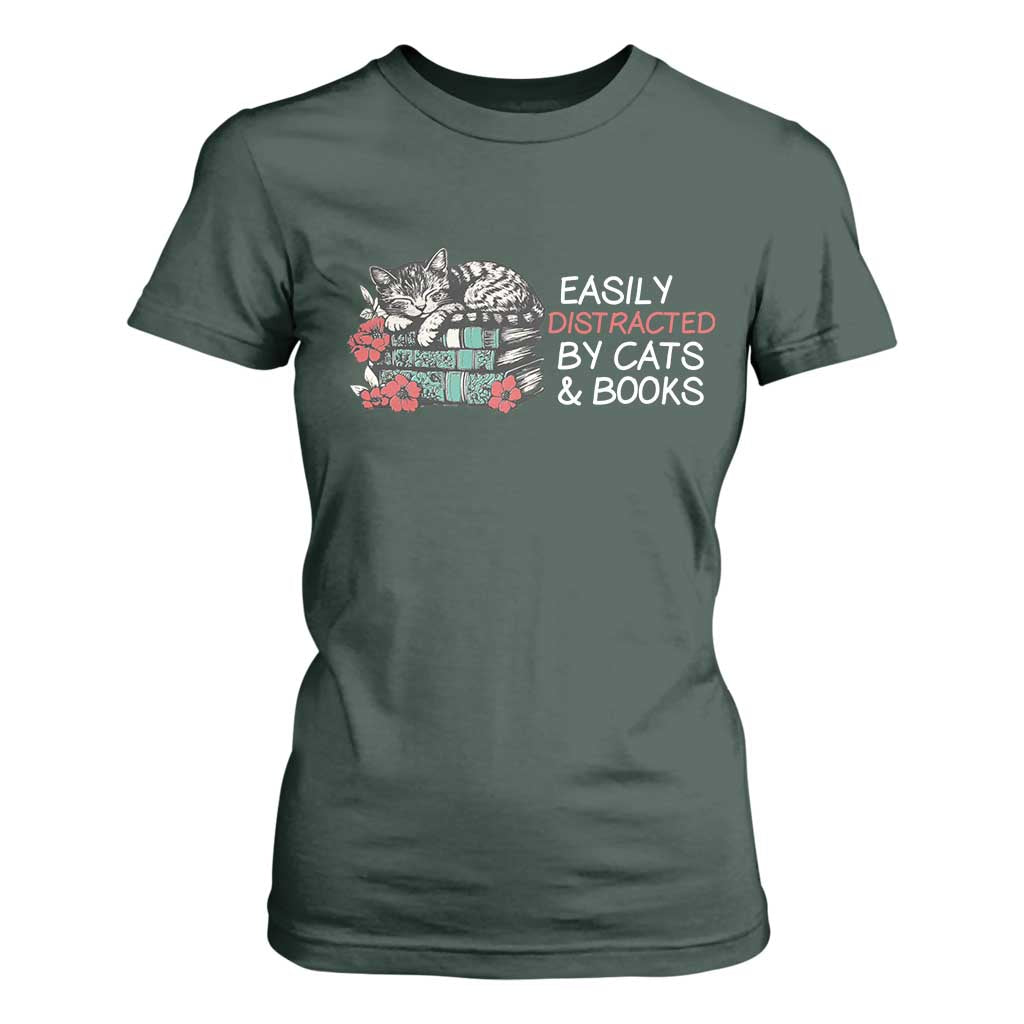 Easily Distracted By Cats And Books T Shirt For Women Funny Book Lover Gift TS12 Dark Forest Green Print Your Wear