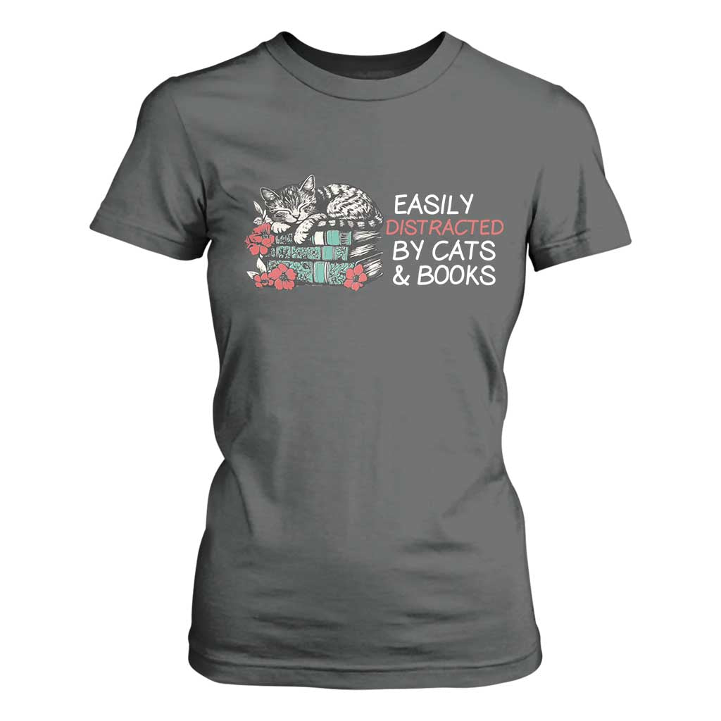 Easily Distracted By Cats And Books T Shirt For Women Funny Book Lover Gift TS12 Dark Heather Print Your Wear