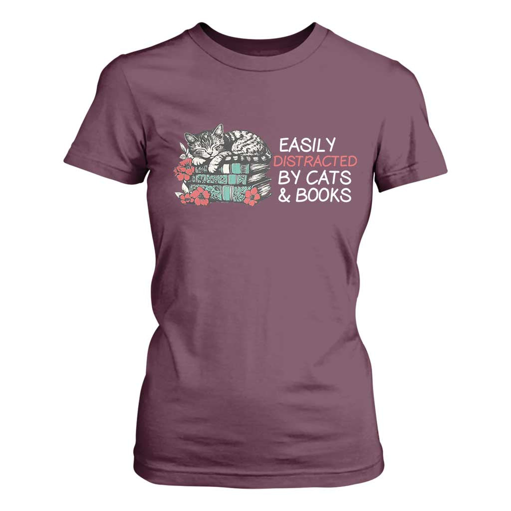 Easily Distracted By Cats And Books T Shirt For Women Funny Book Lover Gift TS12 Maroon Print Your Wear