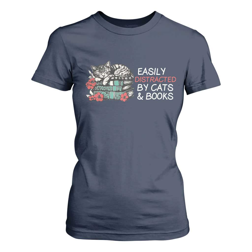 Easily Distracted By Cats And Books T Shirt For Women Funny Book Lover Gift TS12 Navy Print Your Wear