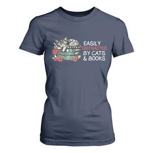 Easily Distracted By Cats And Books T Shirt For Women Funny Book Lover Gift TS12 Navy Print Your Wear