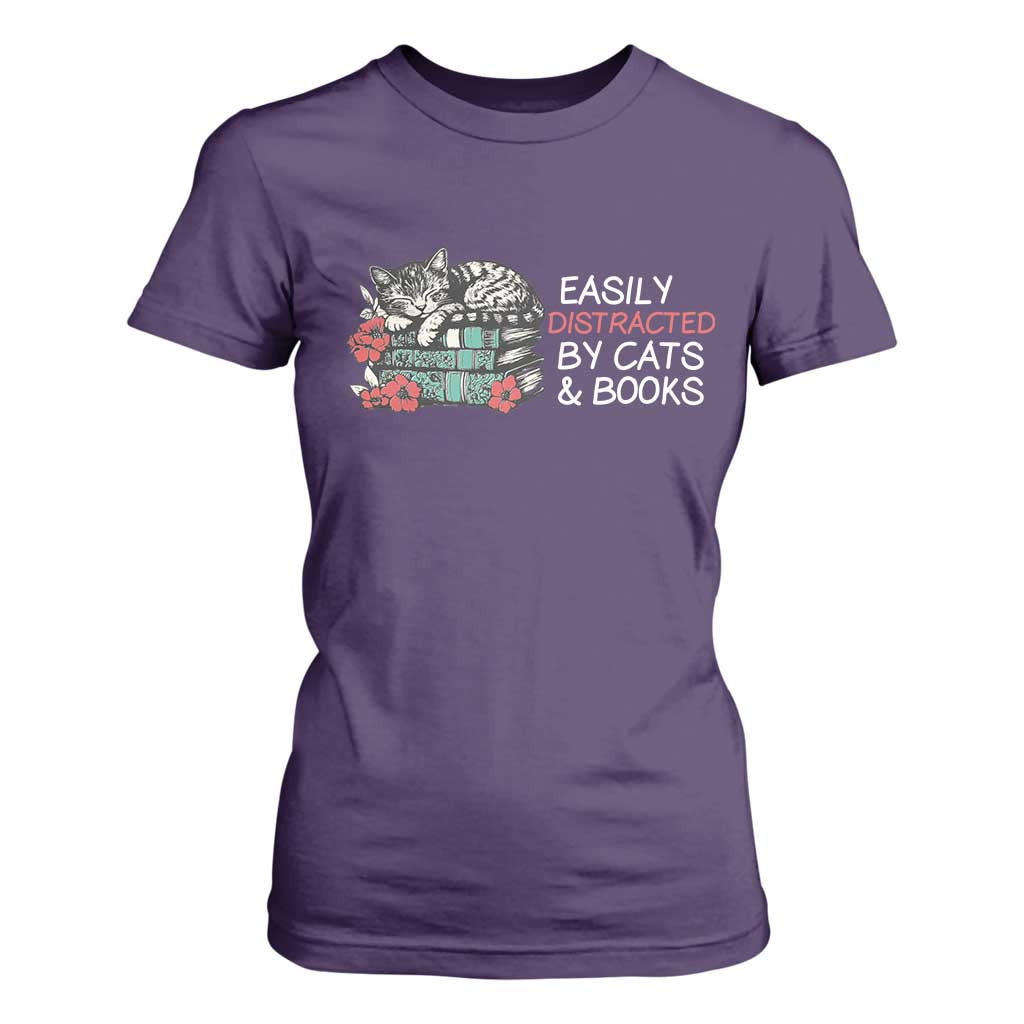 Easily Distracted By Cats And Books T Shirt For Women Funny Book Lover Gift TS12 Purple Print Your Wear