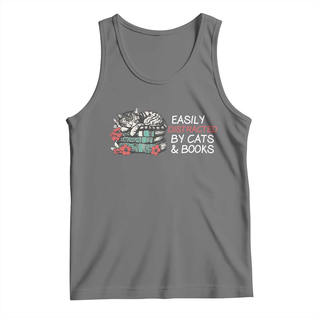 Easily Distracted By Cats And Books Tank Top Funny Book Lover Gift TS12 Black Heather Print Your Wear