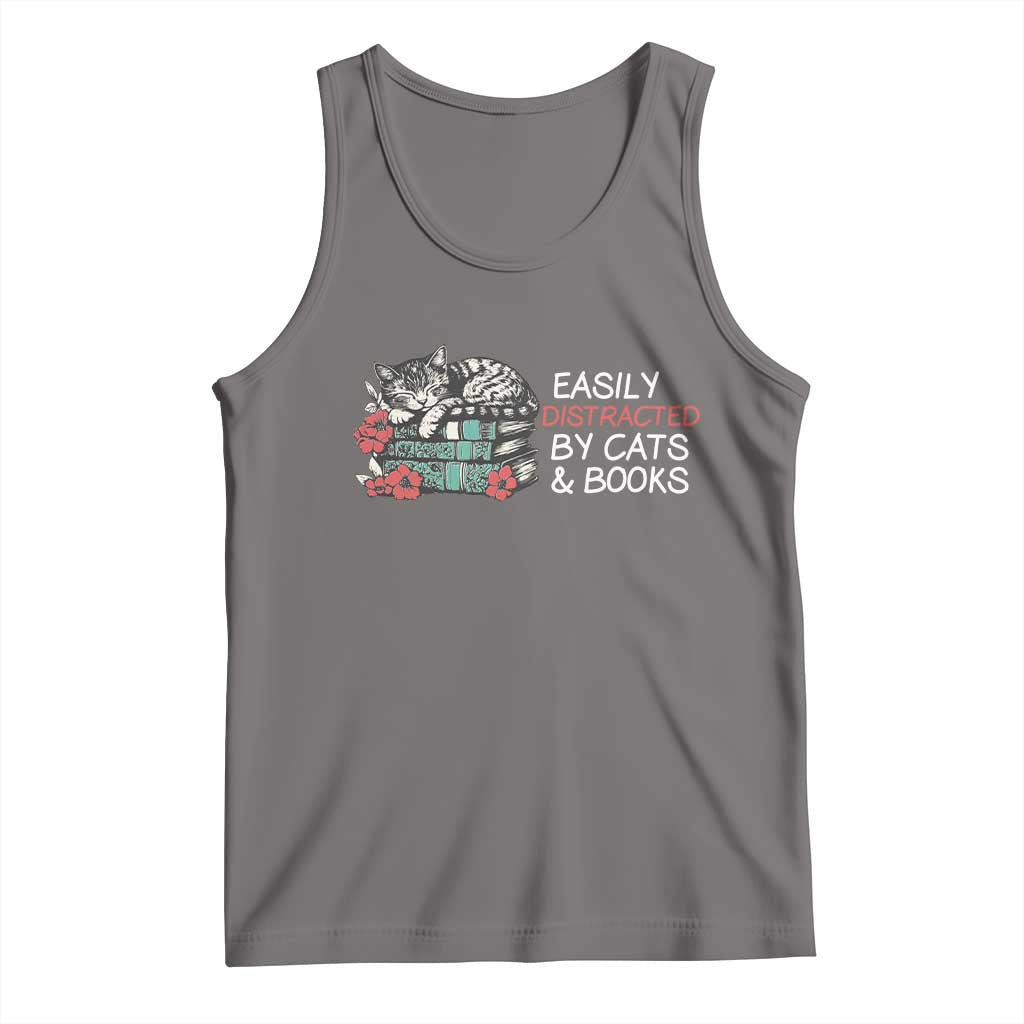 Easily Distracted By Cats And Books Tank Top Funny Book Lover Gift TS12 Deep Heather Print Your Wear