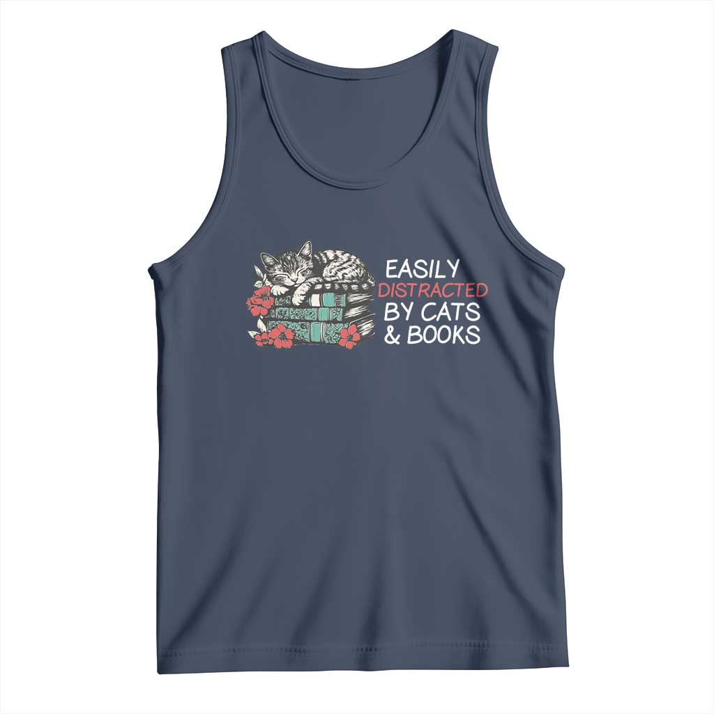 Easily Distracted By Cats And Books Tank Top Funny Book Lover Gift TS12 Navy Print Your Wear