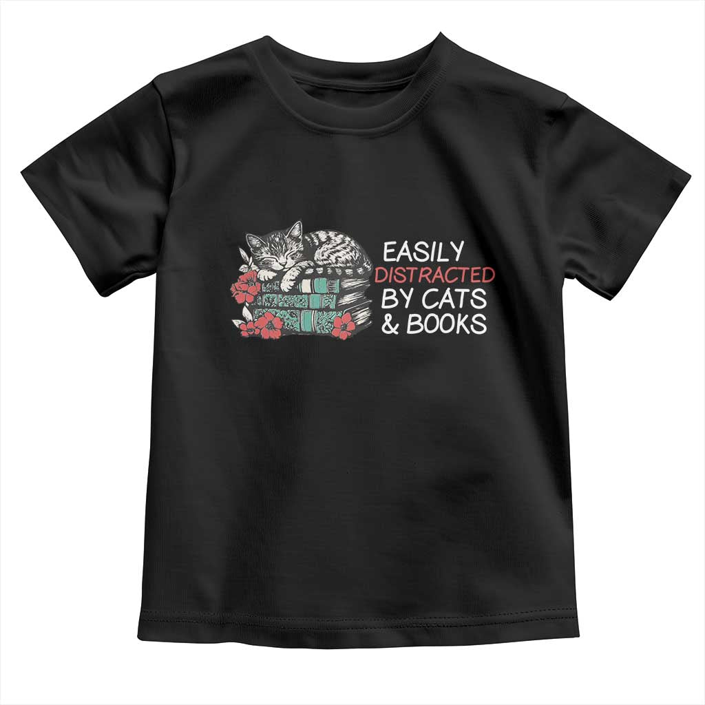 Easily Distracted By Cats And Books Toddler T Shirt Funny Book Lover Gift TS12 Black Print Your Wear