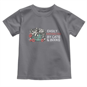 Easily Distracted By Cats And Books Toddler T Shirt Funny Book Lover Gift TS12 Charcoal Print Your Wear
