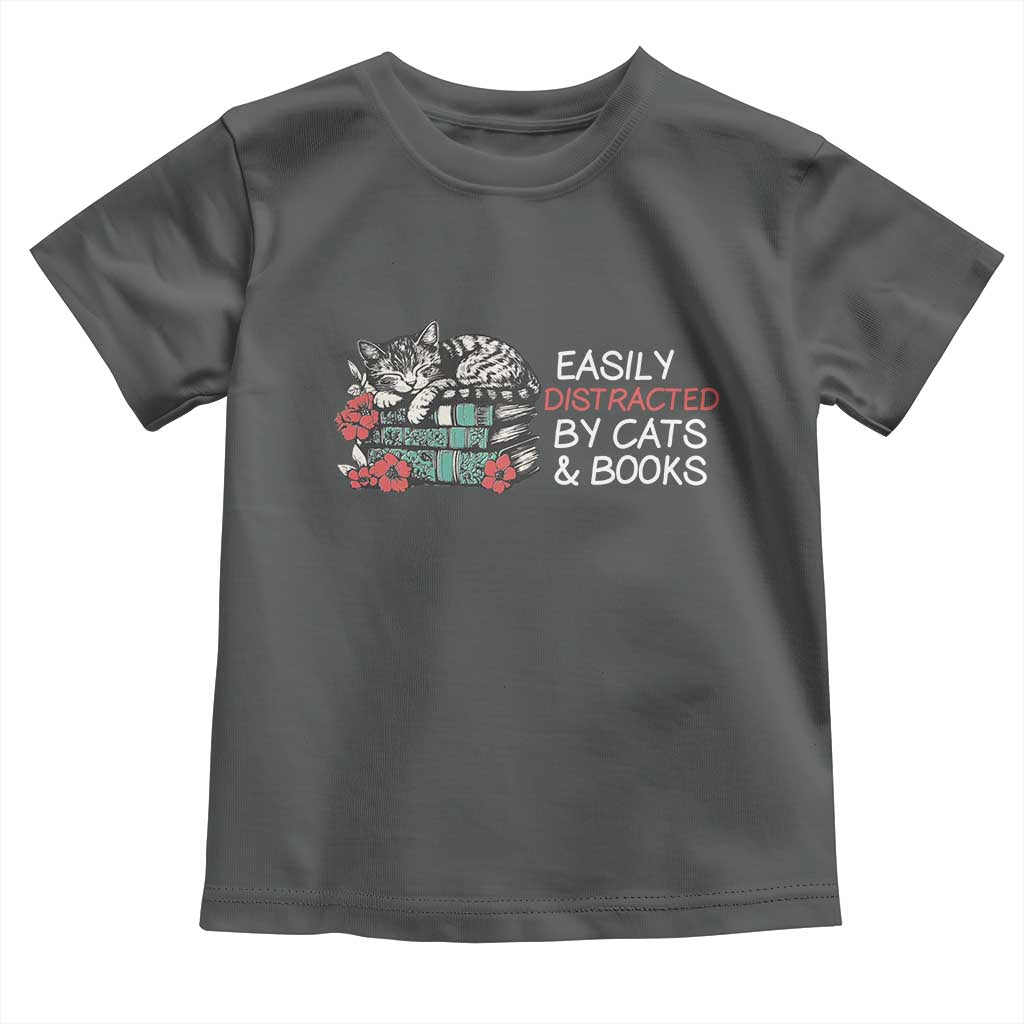 Easily Distracted By Cats And Books Toddler T Shirt Funny Book Lover Gift TS12 Dark Heather Print Your Wear