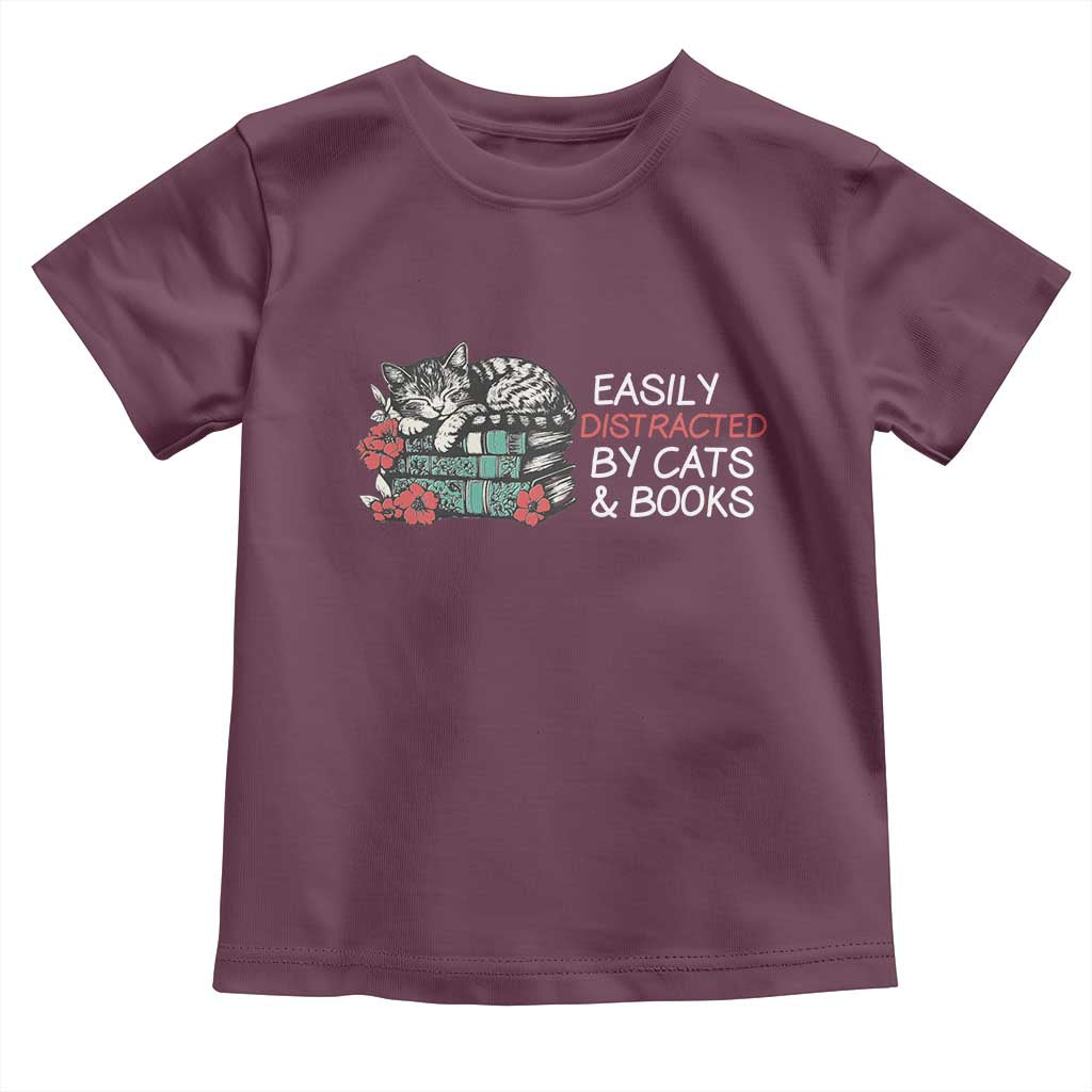 Easily Distracted By Cats And Books Toddler T Shirt Funny Book Lover Gift TS12 Maroon Print Your Wear