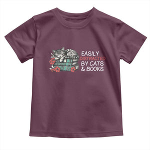 Easily Distracted By Cats And Books Toddler T Shirt Funny Book Lover Gift TS12 Maroon Print Your Wear