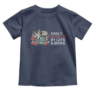 Easily Distracted By Cats And Books Toddler T Shirt Funny Book Lover Gift TS12 Navy Print Your Wear