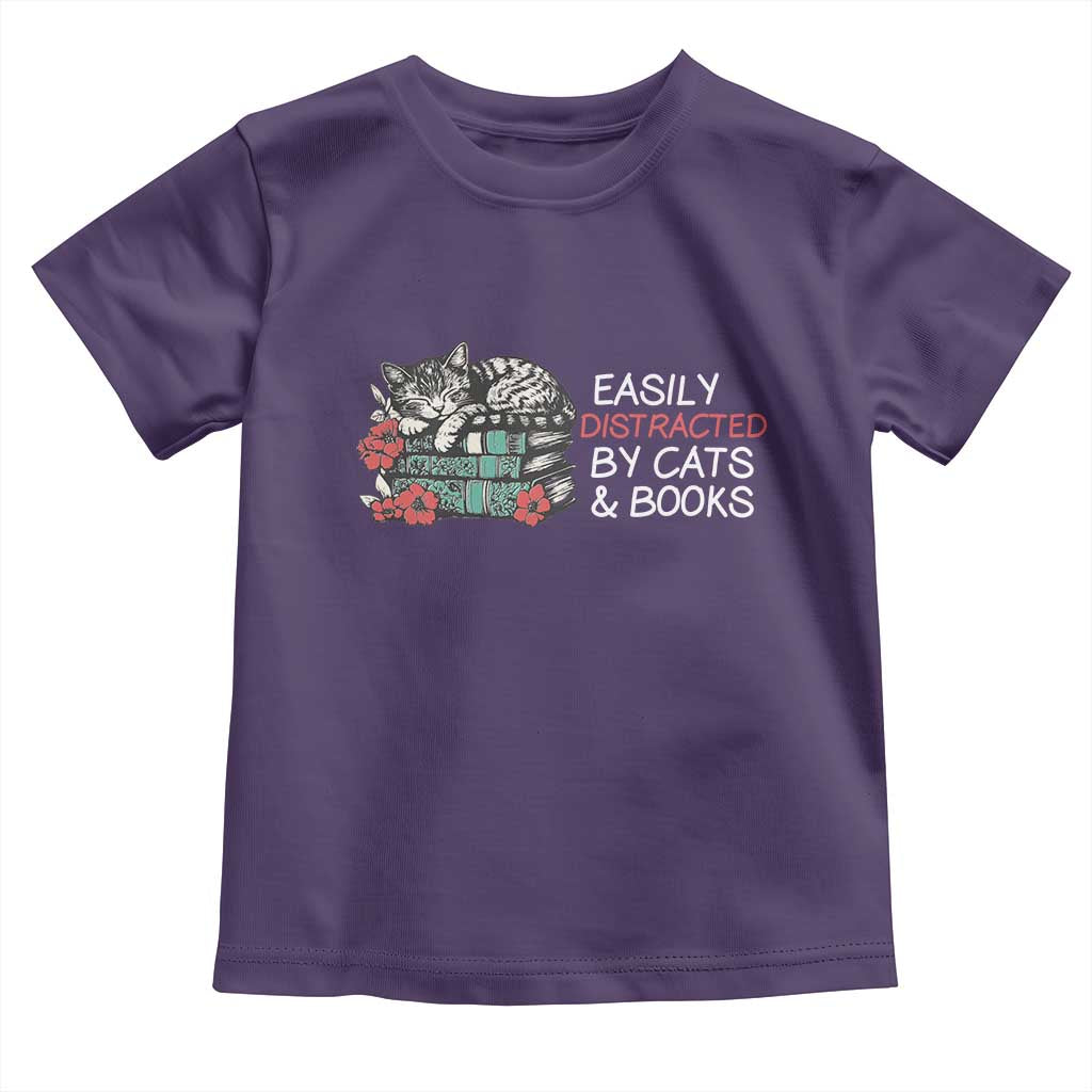 Easily Distracted By Cats And Books Toddler T Shirt Funny Book Lover Gift TS12 Purple Print Your Wear