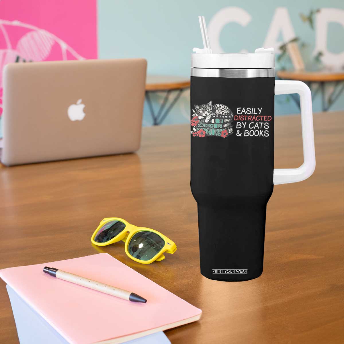 Easily Distracted By Cats And Books Tumbler With Handle Funny Book Lover Gift TS12 Print Your Wear