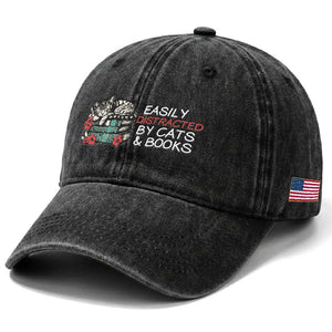 Easily Distracted By Cats And Books Washed Cotton Baseball Cap Funny Book Lover Gift TS12 Print Your Wear