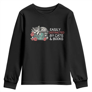Easily Distracted By Cats And Books Youth Sweatshirt Funny Book Lover Gift TS12 Black Print Your Wear