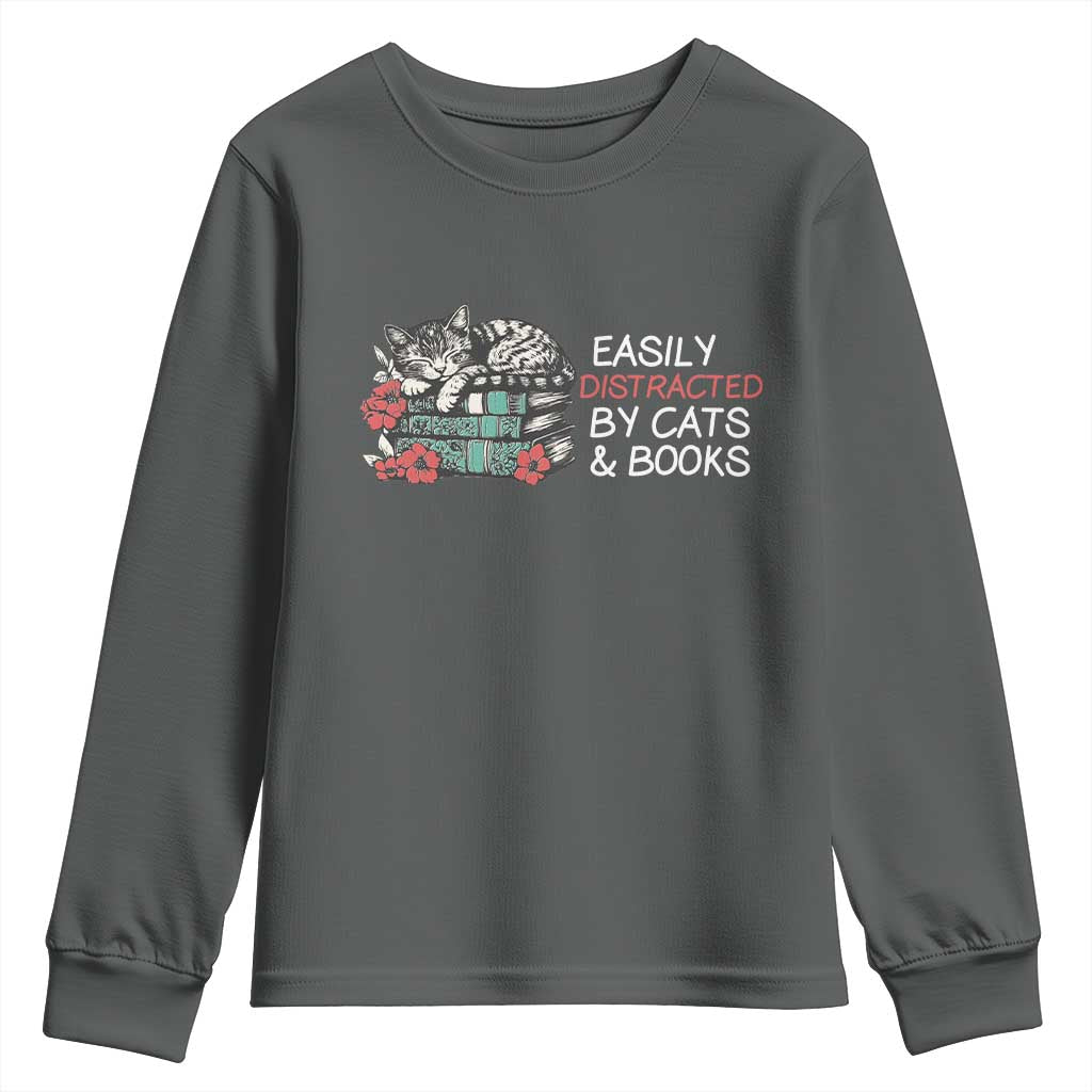 Easily Distracted By Cats And Books Youth Sweatshirt Funny Book Lover Gift TS12 Dark Heather Print Your Wear