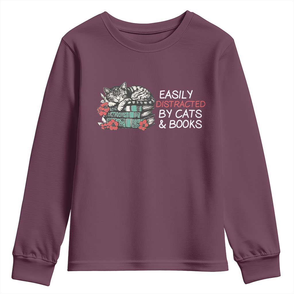 Easily Distracted By Cats And Books Youth Sweatshirt Funny Book Lover Gift TS12 Maroon Print Your Wear