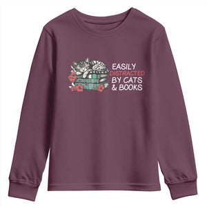 Easily Distracted By Cats And Books Youth Sweatshirt Funny Book Lover Gift TS12 Maroon Print Your Wear