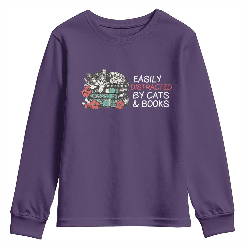 Easily Distracted By Cats And Books Youth Sweatshirt Funny Book Lover Gift TS12 Purple Print Your Wear
