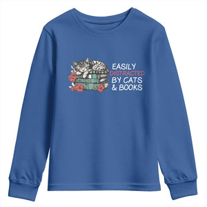 Easily Distracted By Cats And Books Youth Sweatshirt Funny Book Lover Gift TS12 Royal Blue Print Your Wear
