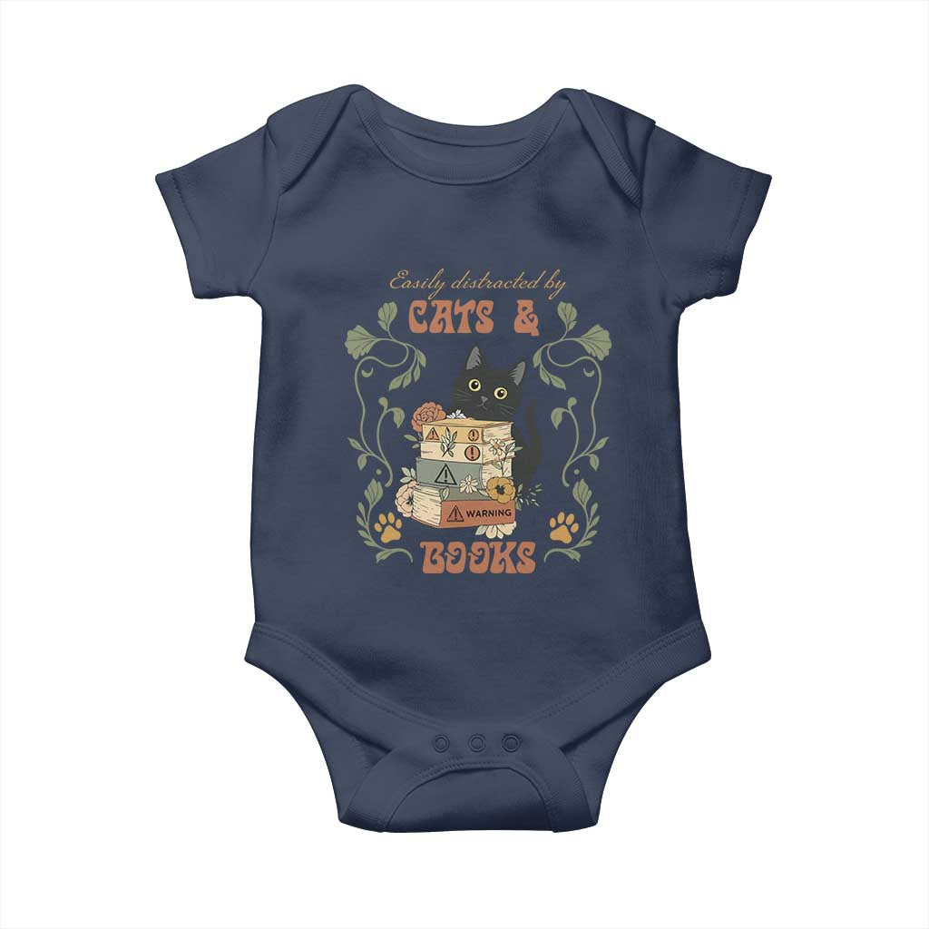 Cute Bookworm Gift Baby Onesie Easily Distracted By Cats And Books TS12 Navy Print Your Wear