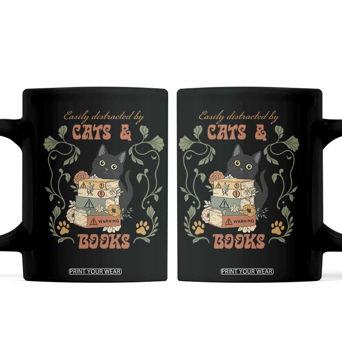 Cute Bookworm Gift Coffee Mug Easily Distracted By Cats And Books TS12 Black Print Your Wear