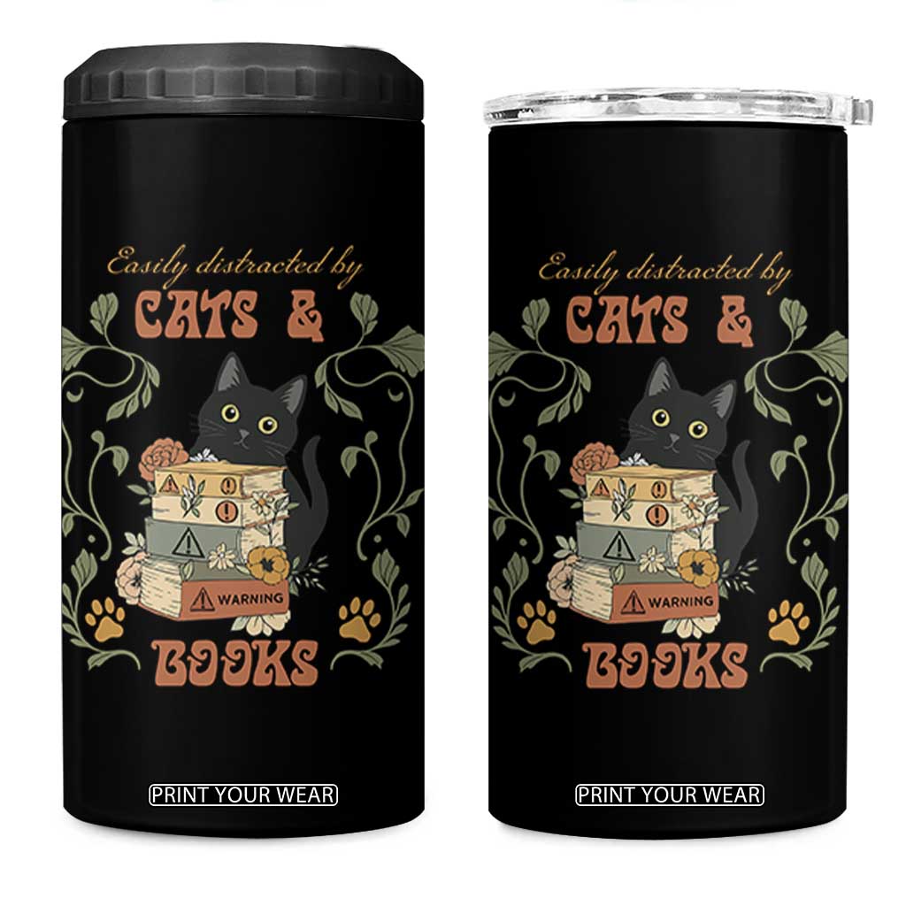 Cute Bookworm Gift 4 in 1 Can Cooler Tumbler Easily Distracted By Cats And Books TS12 One Size: 16 oz Black Print Your Wear