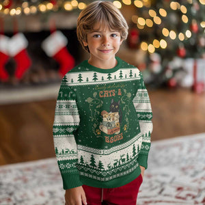 Cute Bookworm Gift Ugly Christmas Sweater Easily Distracted By Cats And Books TS12 Forest Green Beige Print Your Wear